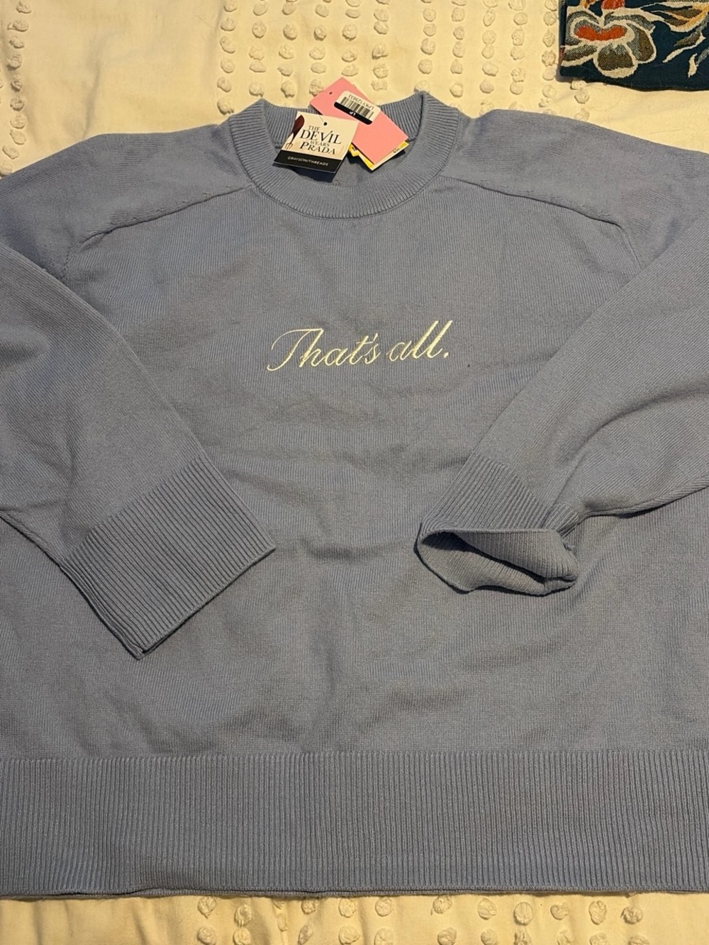 Devil Wears Prada Blue women’s Crewneck Sweater with "That's all” embroidery
